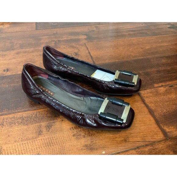 Prada Burgundy Patent Leather Buckle Flats, Size 737